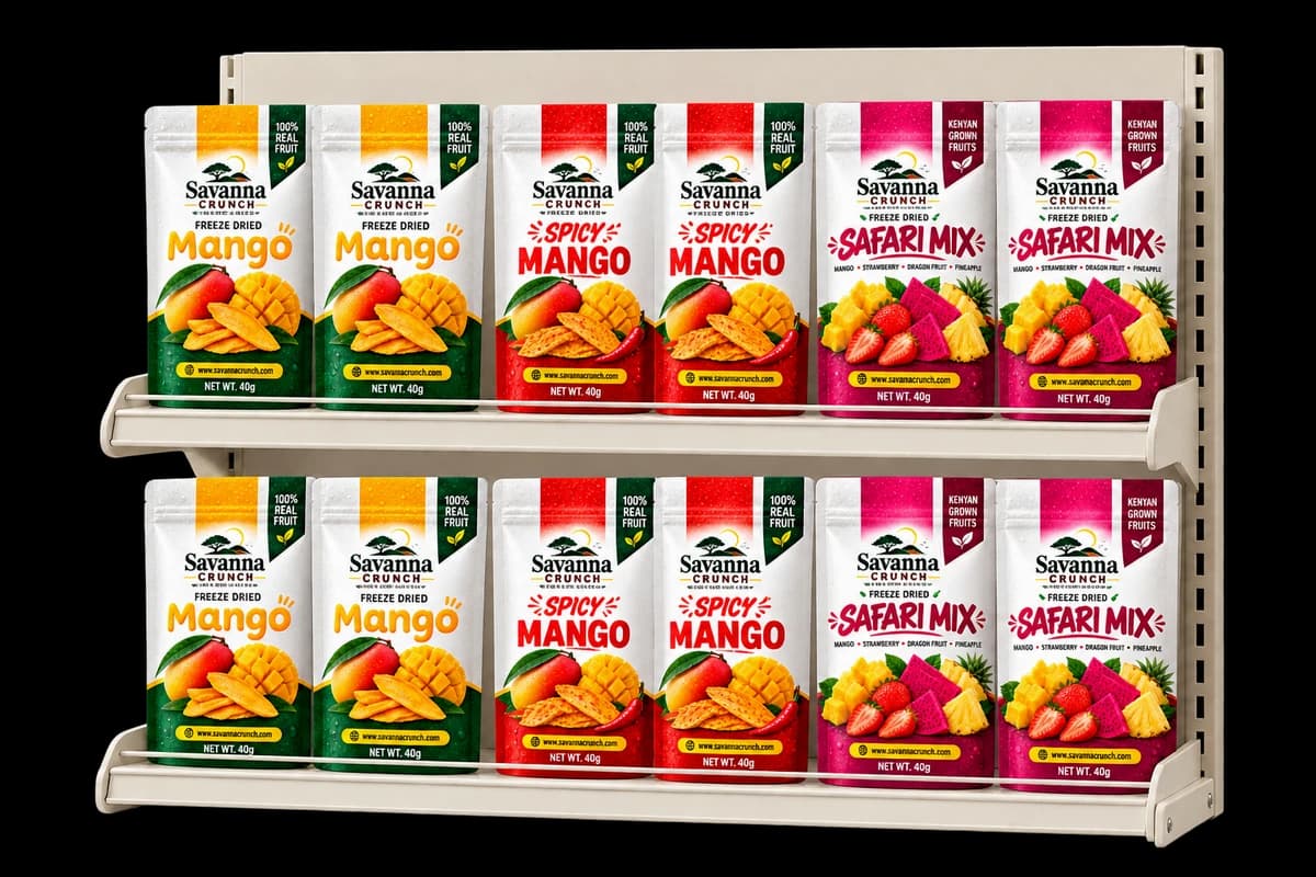 A supermarket shelf stocked with Savanna Crunch Mango, Spicy Mango and Safari Mix pouches